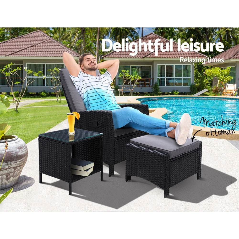 3 Piece Elise Outdoor Recliner Chair Ottoman And Table Set Black 9 3 Piece Elise Outdoor Recliner Chair Ottoman And Table Set Black - Image 9