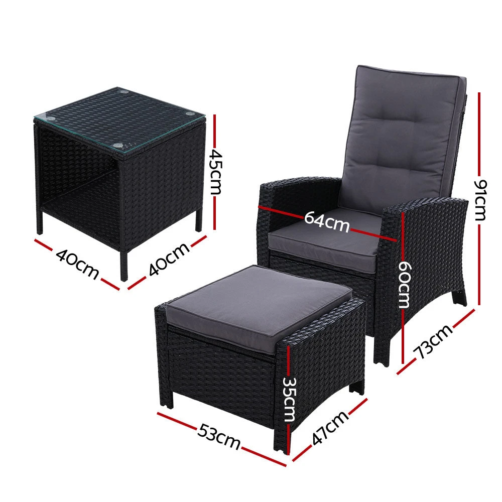 3 Piece Elise Outdoor Recliner Chair Ottoman And Table Set Black 2 3 Piece Elise Outdoor Recliner Chair Ottoman And Table Set Black - Image 2