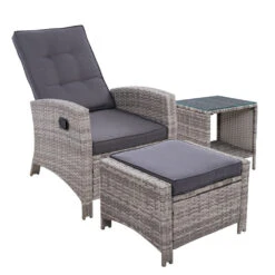3 Piece Elise Outdoor Recliner Chair Ottoman And Table Set Grey