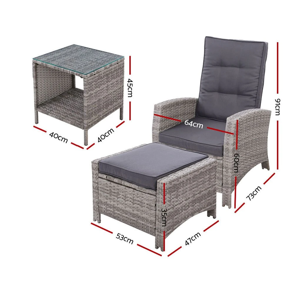 3 Piece Elise Outdoor Recliner Chair Ottoman And Table Set Grey 2 3 Piece Elise Outdoor Recliner Chair Ottoman And Table Set Grey - Image 2