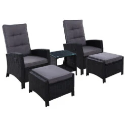 5 Piece Elise Outdoor Recliner Chair Ottoman And Table Set Black