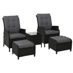 5 Piece Ella Outdoor Recliner Chair Ottoman And Table Set Black