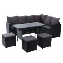 9 Seat Wicker Outdoor Lounge Setting With Storage Cover - Black