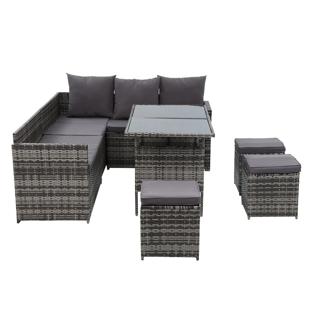 9 Seat Wicker Outdoor Lounge Setting With Storage Cover - Mixed Grey 4 9 Seat Wicker Outdoor Lounge Setting With Storage Cover - Mixed Grey - Image 4