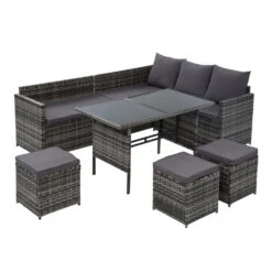 9 Seat Wicker Outdoor Lounge Setting With Storage Cover - Mixed Grey