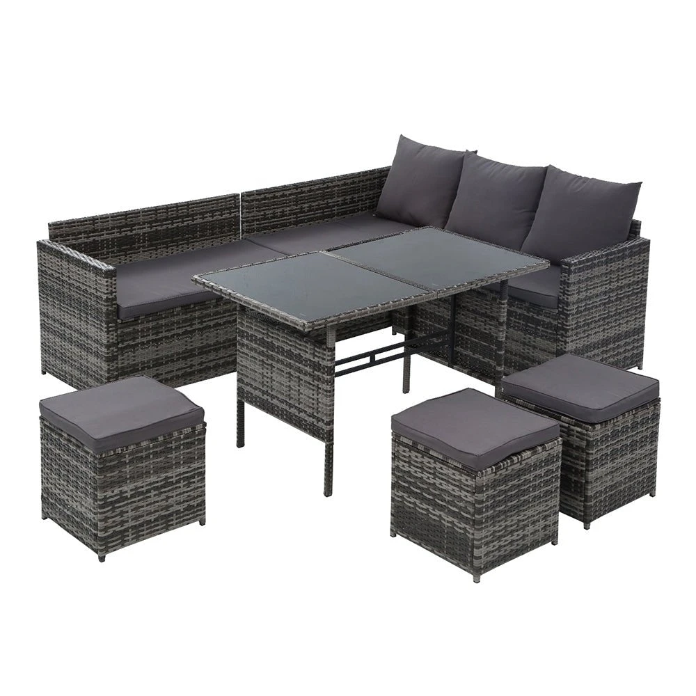 9 Seat Wicker Outdoor Lounge Setting With Storage Cover - Mixed Grey 1 9 Seat Wicker Outdoor Lounge Setting With Storage Cover - Mixed Grey