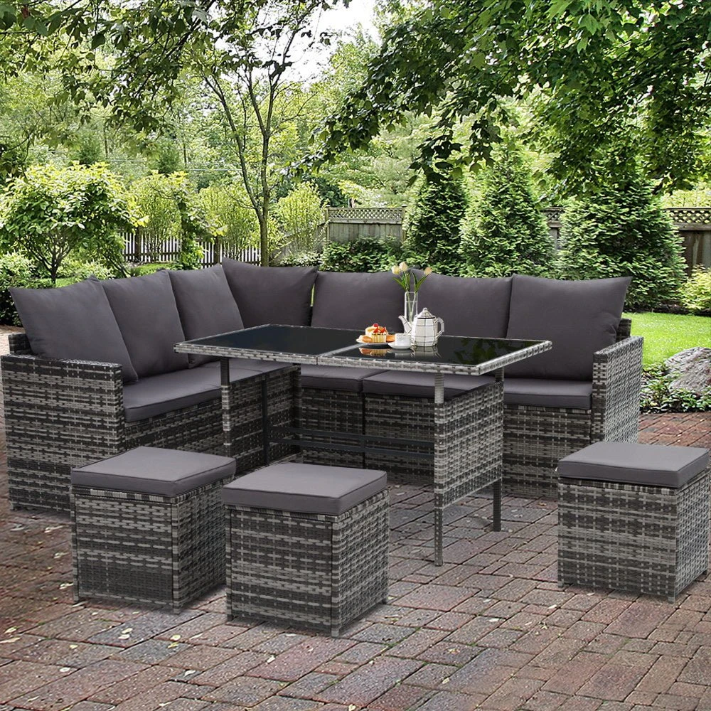 9 Seat Wicker Outdoor Lounge Setting With Storage Cover - Mixed Grey 8 9 Seat Wicker Outdoor Lounge Setting With Storage Cover - Mixed Grey - Image 8