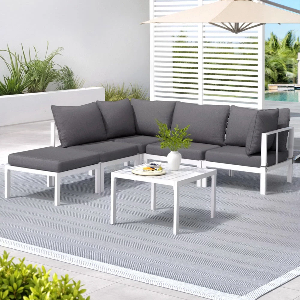 5-Seater Outdoor Aluminium Sofa Set – White Frame, Grey Cushions 1 5-Seater Outdoor Aluminium Sofa Set – White Frame, Grey Cushions