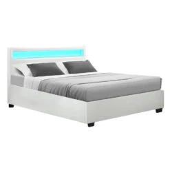 Wanda Queen Gas Lift Storage Bed Frame With LED Lights – White -Home Luxe Store BFRAME E COLE Q WH ABC 00