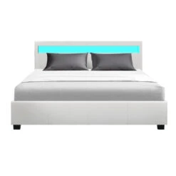 Wanda Queen Gas Lift Storage Bed Frame With LED Lights – White -Home Luxe Store BFRAME E COLE Q WH ABC 02