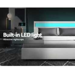 Wanda Queen Gas Lift Storage Bed Frame With LED Lights – White -Home Luxe Store BFRAME E COLE Q WH ABC 04