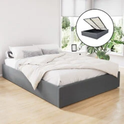 Toki Fabric Double Gas Lift Bed Frame Base With Storage Grey