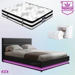 Double Premium Package | Henley LED Bed Black, Algarve Euro Top Mattress (Medium Firm) & Pillowtop Mattress Topper!