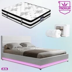 Double Premium Package | Henley LED Bed White, Algarve Euro Top Mattress (Medium Firm) & Pillowtop Mattress Topper!