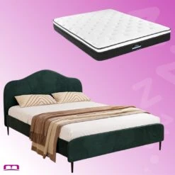 Queen Package | Daintree Velvet Bed Dark Green & Bonita Pillow Top Mattress (Medium Firm)