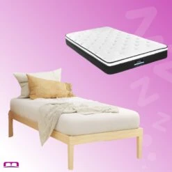 Single Package | Bruno Minimalist Solid Pinewood Bed Frame & Bonita Pillow Top Mattress (Medium Firm)
