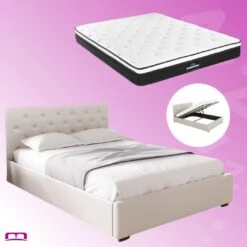 King Package | Dorilla Gas Lift Storage Bed Frame Beige & Bonita Pillow Top Mattress (Medium Firm)