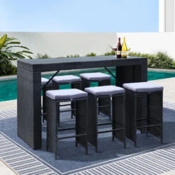 7-Piece Outdoor Bar Set Dining Table Stools Wicker Patio Setting -Home Luxe Store FF BARSET BK 7ABC 10499 07