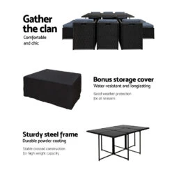 Outdoor Dining Set 11 Piece Wicker Table Chairs Setting Black -Home Luxe Store FF DINING 11SET BK 5309 04