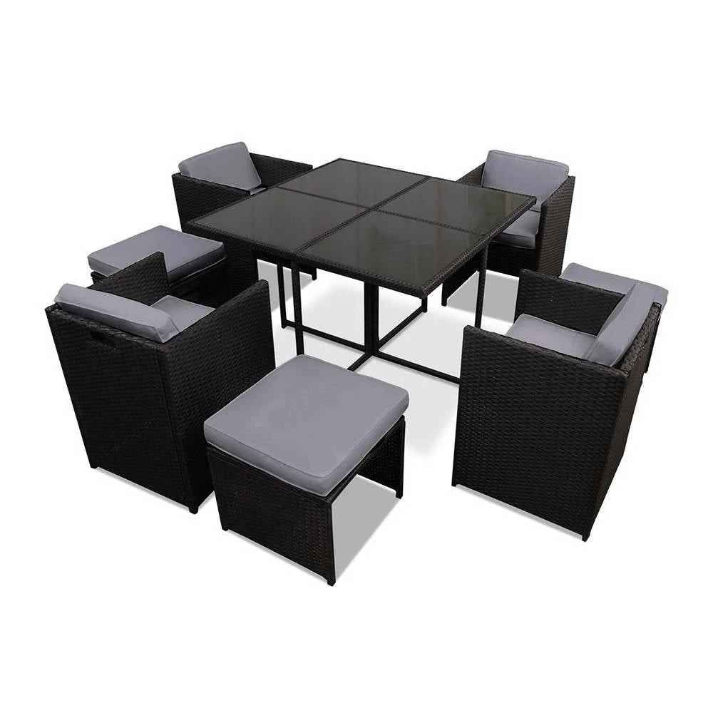 Outdoor Dining Set 9 Piece Wicker Table Chairs Setting Black 7 Outdoor Dining Set 9 Piece Wicker Table Chairs Setting Black - Image 7