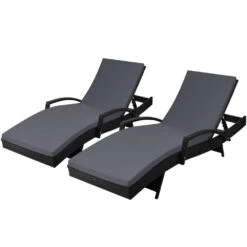 Set Of 2 Bianca Outdoor Sun Lounger Chairs With Cushion - Black