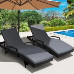Set Of 2 Bianca Outdoor Sun Lounger Chairs With Cushion - Black -Home Luxe Store FF LOUNGE ARM BKX2 07