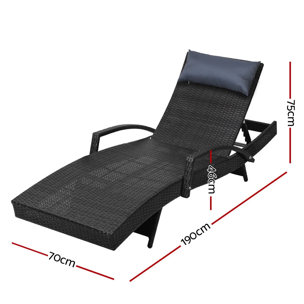 Bianca Outdoor Sun Lounger Chair With Pillow Headrest - Black 2 Bianca Outdoor Sun Lounger Chair With Pillow Headrest - Black - Image 2