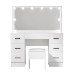 Dressing Table Set Stool 10 Led Bulbs White Debbie -Home Luxe Store FUR T DRESS07 LED WH ABC 159080 02