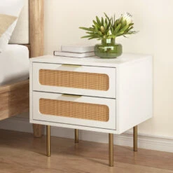 Byron Rattan Bedside Table – White & Pine