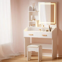 Doris LED Dressing Table Makeup Mirror With Stool Set White