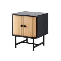 Bedside Table With Sliding Fluted Doors – Black & Pine Finish -Home Luxe Store FUR Y SLD 01 BKWD 215261 02