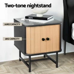 Bedside Table With Sliding Fluted Doors – Black & Pine Finish -Home Luxe Store FUR Y SLD 01 BKWD 215261 03