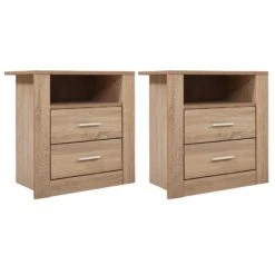 2X Bedside Table 2 Drawers With Shelf - TARA Oak