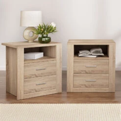 2X Bedside Table 2 Drawers With Shelf - TARA Oak -Home Luxe Store FURNI C SIDE SHELF WDX2 202505231801 06