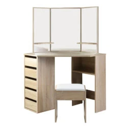 Corner Dressing Table Mirror Stool Set Makeup Vanity Desk Chair Oak -Home Luxe Store FURNI L DRESS01 WD AB 24627 03