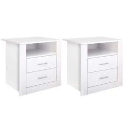 2 X Bedside Table 2 Drawers With Shelf - TARA White