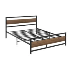 Industrial Style Double Metal Bed Frame Wood & Black -Home Luxe Store MBED C DREW D BK AB 91802 00