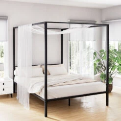 Metal Four Poster Double Size Bed Frame Black