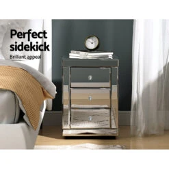 Mirrored Bedside Table Drawers Furniture Mirror Glass Presia Silver 11 Mirrored Bedside Table Drawers Furniture Mirror Glass Presia Silver -Home Luxe Store MF BT 7181 SR 16813 03