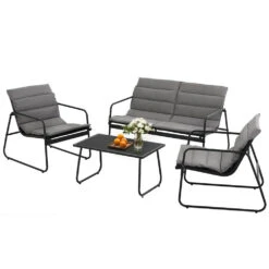 4-Piece Outdoor Lounge Set – Black Steel Frame With Glass Table