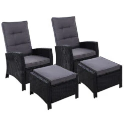 Set Of 2 Elise Outdoor Recliner Chairs With Ottomans Black