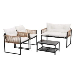 4-Piece Rattan Style Outdoor Sofa Set With Table - Black Frame & White Cushions -Home Luxe Store ODF SOFA 4PCS ROPERAT BK 209167 02