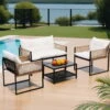 4-Piece Rattan Style Outdoor Sofa Set With Table - Black Frame & White Cushions