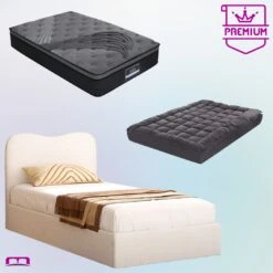 Single Premium Package | Albany Boucle Bed Frame Cream White, Alanya Euro Top Pocket Spring Mattress (Medium Firm) & Pillowtop Mattress Topper