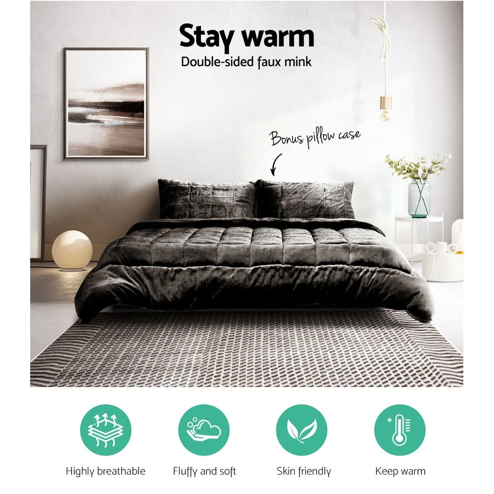Faux Mink Quilt Comforter Fleece Throw Blanket Doona Charcoal Super King 3 Faux Mink Quilt Comforter Fleece Throw Blanket Doona Charcoal Super King - Image 3