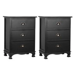 2x Bedside Table 3 Drawers Vintage - THYME Black
