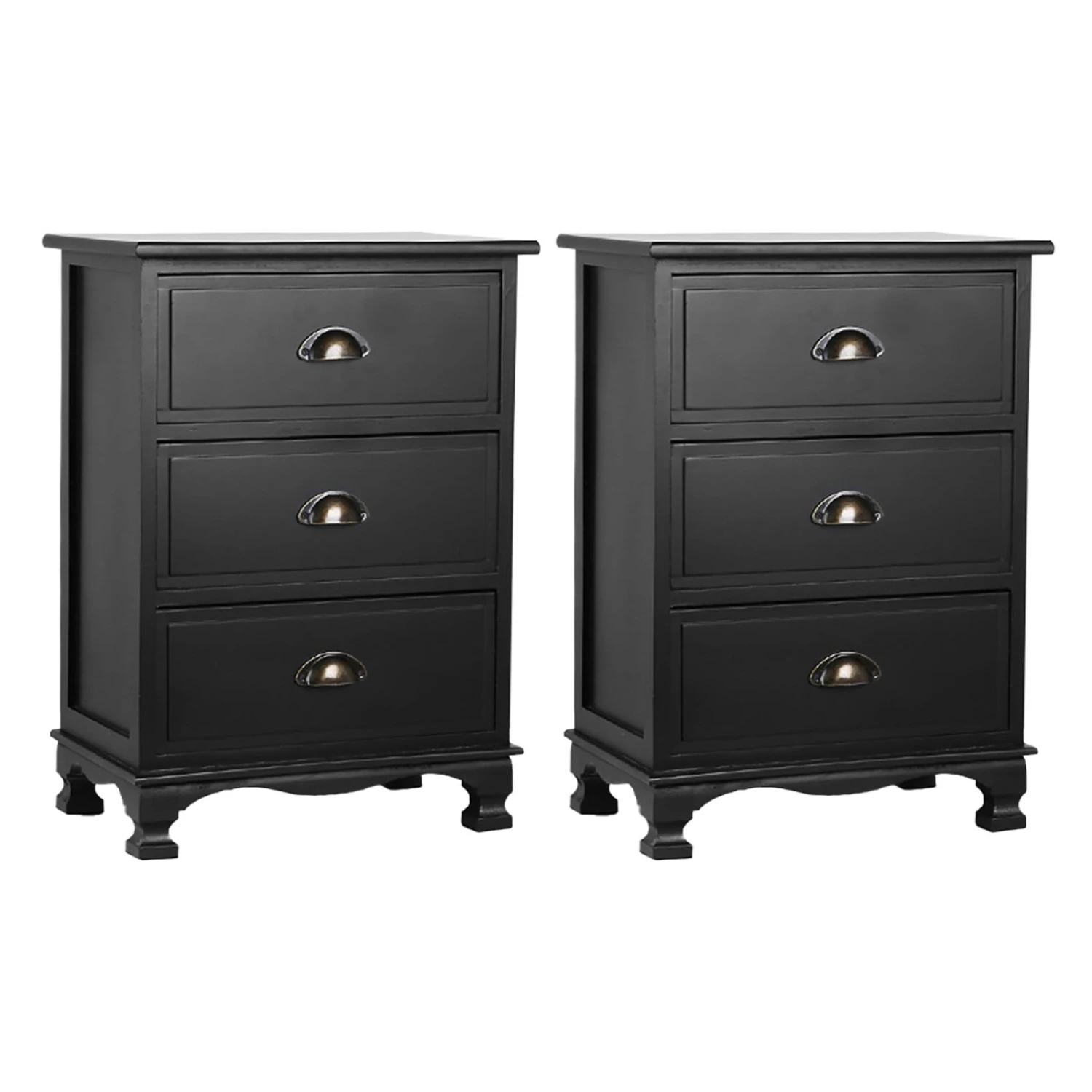 2x Bedside Table 3 Drawers Vintage - THYME Black 1 2x Bedside Table 3 Drawers Vintage - THYME Black