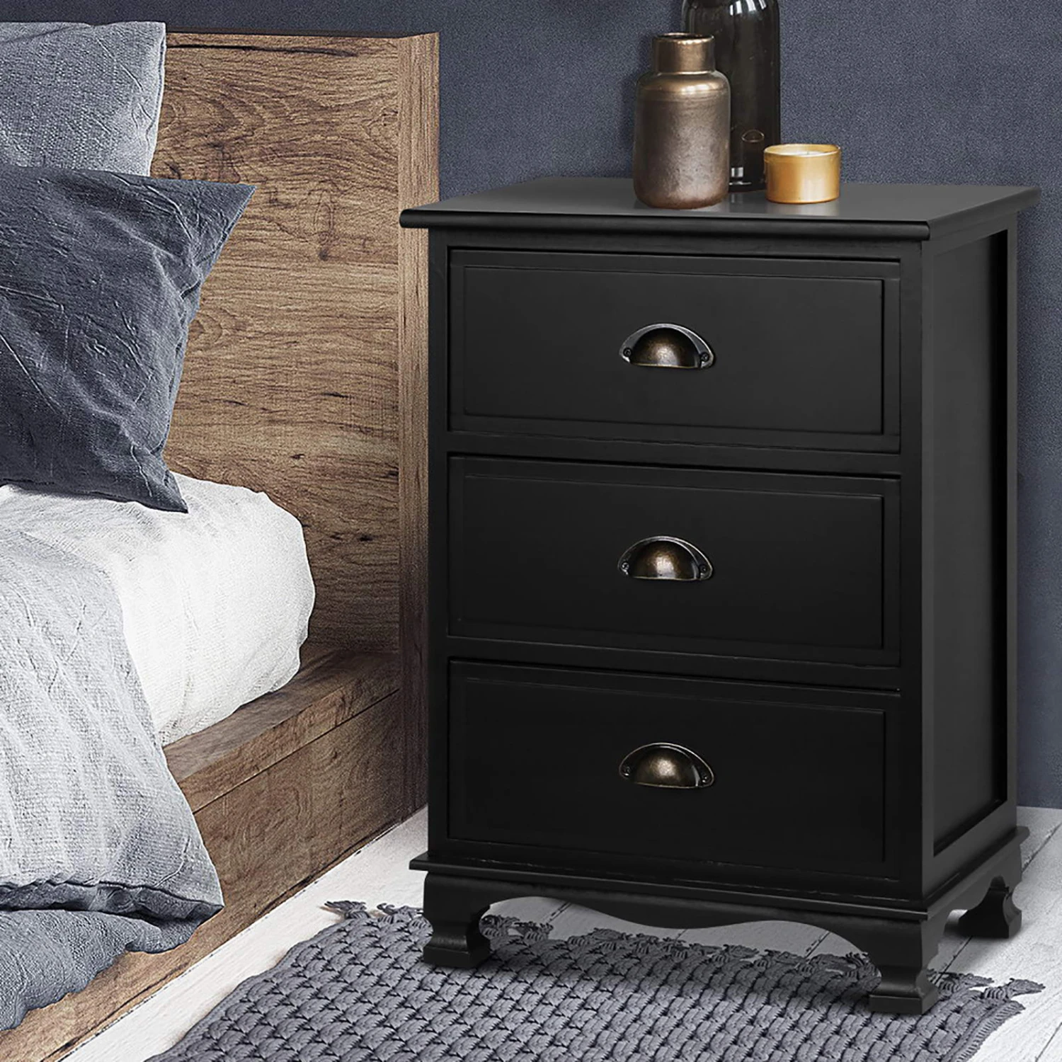 2x Bedside Table 3 Drawers Vintage - THYME Black 2 2x Bedside Table 3 Drawers Vintage - THYME Black - Image 2
