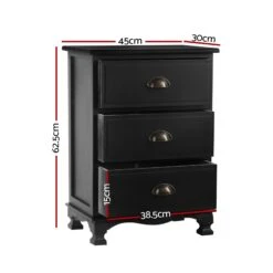 2x Bedside Table 3 Drawers Vintage - THYME Black 10 2x Bedside Table 3 Drawers Vintage - THYME Black -Home Luxe Store ST CAB B 3D BKX2 202505231800 02