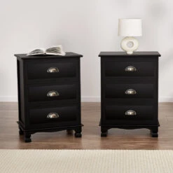 2x Bedside Table 3 Drawers Vintage - THYME Black 15 2x Bedside Table 3 Drawers Vintage - THYME Black -Home Luxe Store ST CAB B 3D BKX2 202505231800 07